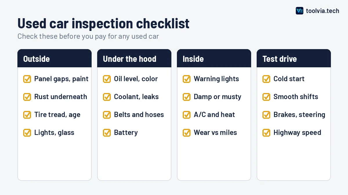 Used car inspection checklist infographic with four sections: outside, under the hood, inside and test drive